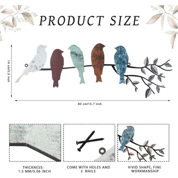 Metal Bird WallArt Birds on the Branch WallDecor Leaves with BirdMetal Sculpture - Picture 2 of 6